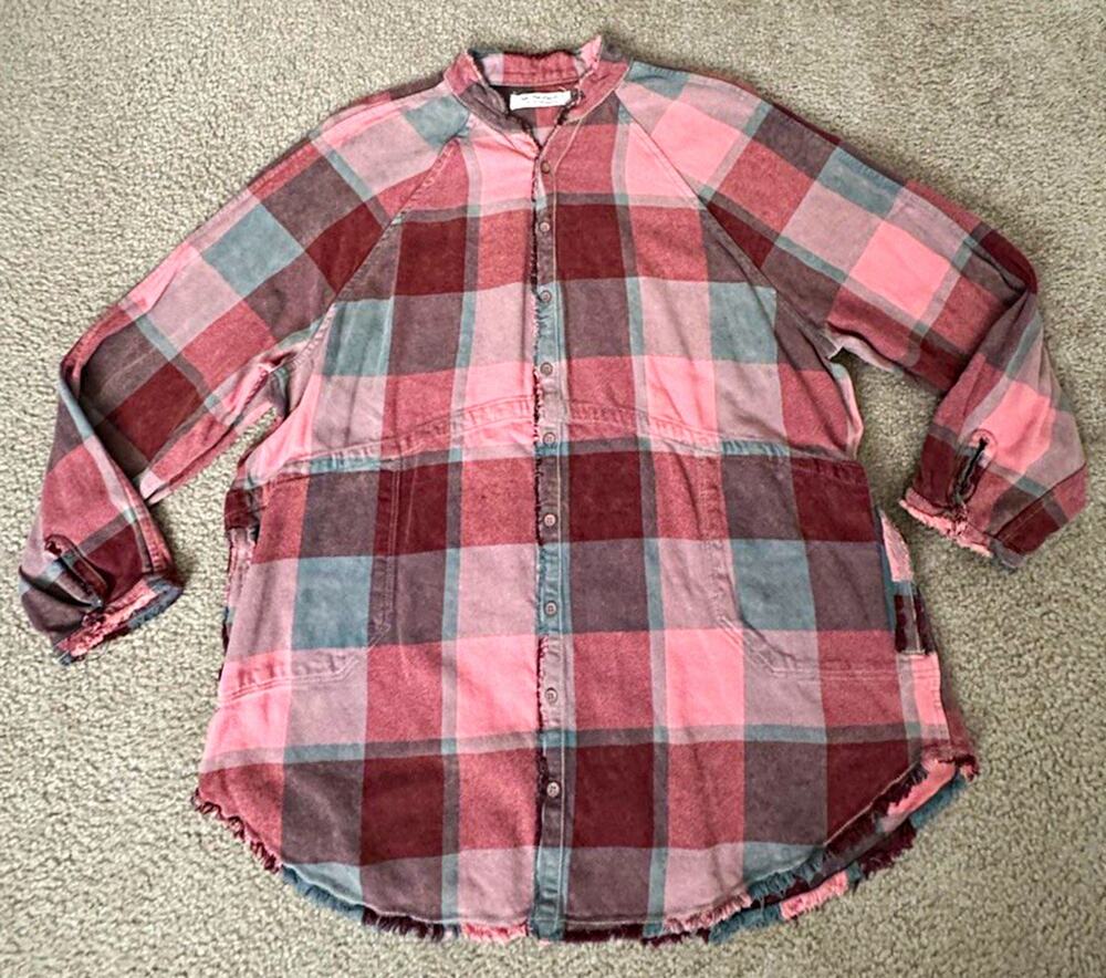 Free People We The Free Summer Daydream Plaid Shirt L Pink Raw Hem Pockets Large